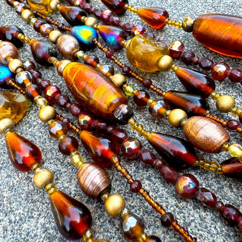 VINTAGE CZECH ART DECO HUGE GLASS BEADS 5 STRAND LONG NECKLACE